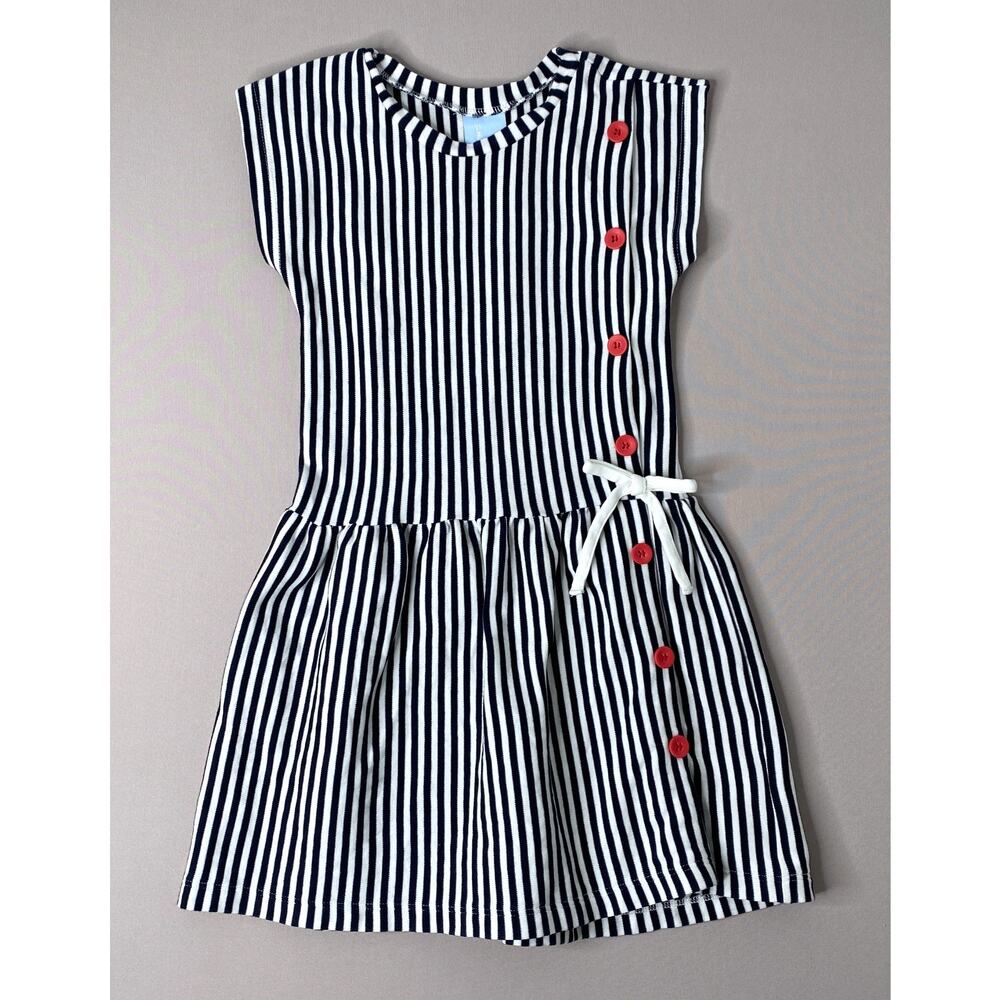 Bella Bliss Navy/White Stripe Red Button Cotton Knit Dress Girls 5 Yrs